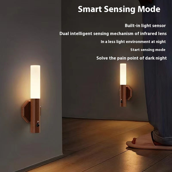 LED Wood Grain Magnetic Wall Lamp Motion Sensor USB Night Light Cabinet Closet Light Staircase Bedroom Table Bedside Lighting